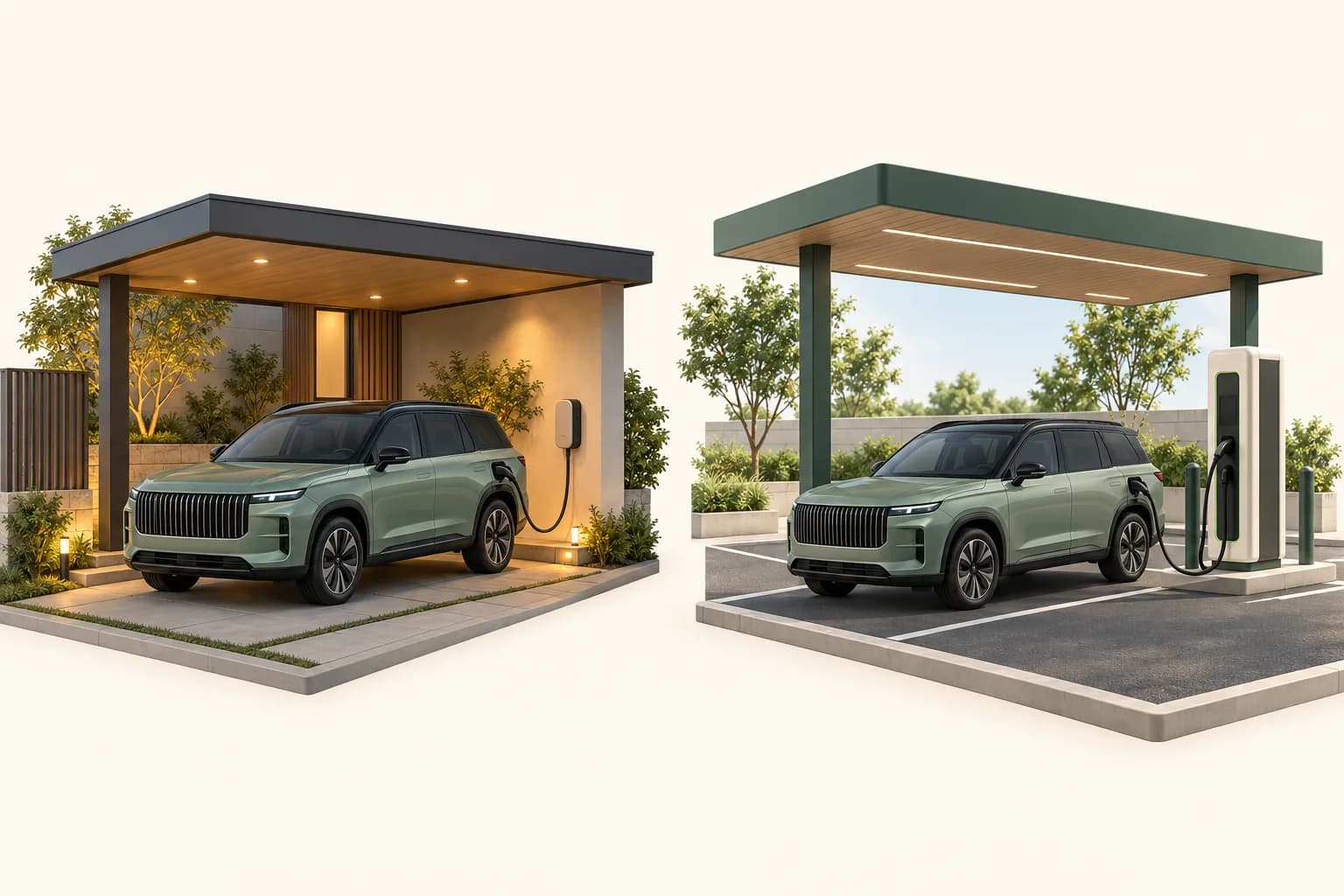 Dua ilustrasi konsep: SUV listrik memakai wallbox di rumah dan pedestal charging publik di perjalanan