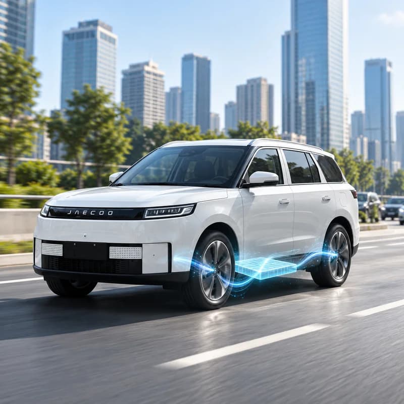 Jaecoo J5 putih dengan visual aliran energi baterai untuk menjelaskan regenerative braking